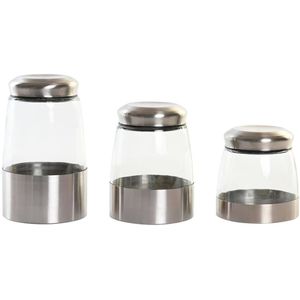Set van 3 Potjes DKD Home Decor Kristal Zilverkleurig Transparant Roestvrij staal