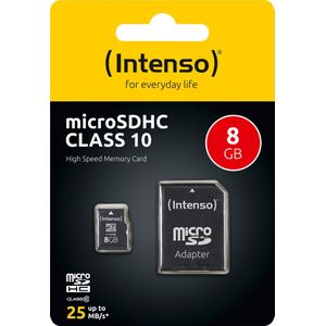 Intenso microSDHC-kaart 8 GB, klasse 10 (R) 25 MB/s, (W) 10 MB/s, SD-adapter, blisterverpakking