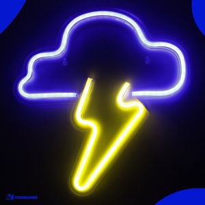 Neon Lamp - Wolk Bliksem Blauw / Geel - Incl. Ophanghaakjes - Neon Sign - 33 x 31 cm