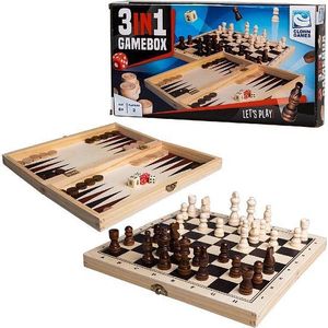 Clown Games 3-in-1 Houten Spellendoos - Geschikt voor kinderen en volwassenen vanaf 6 jaar - Inclusief schaken, dammen en backgammon