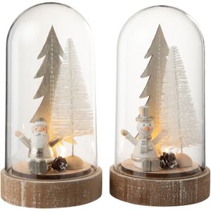 J-Line decoratie Stolp Kerst - hout - zilver/wit - large - LED lichtjes - 2 stuks