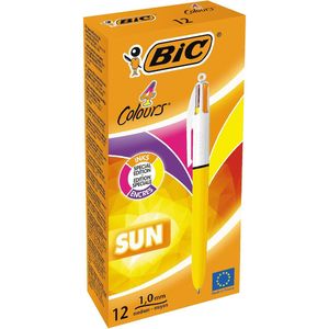 Bic 4 Colours Sun, balpen, 0,32mm, 4 fashion inktkleuren, lichaam geel 12 stuks