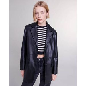 Maje - Zwarte leren damesjas - Maat 38 - Rechte pasvorm