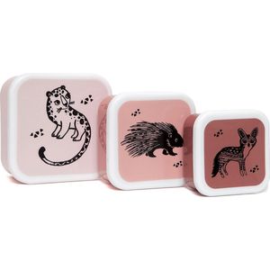 Petit Monkey zwarte dieren lunch box set - 3 koekdoosjes - Brooddoos - Dieren Roze - Snackdoosjes