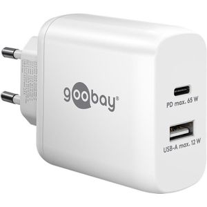 Goobay USB-C™ PD dubbele snellader (65 W) wit - 1x USB-C™ poort (Power Delivery) en 1x USB-A poort -