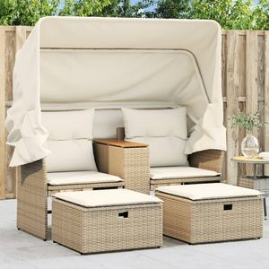 Tuinbank 2-zits met luifel en voetenbanken poly rattan beige