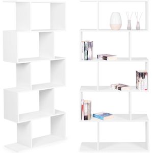 Witte design boekenkast - 5 planken - Geruit patroon - 175 x 28 x 77 cm