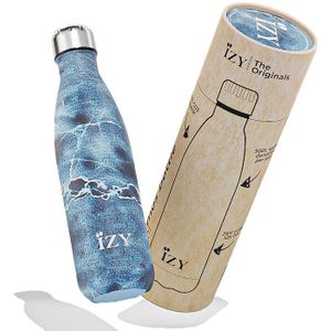 IZY Drinkfles - Marmer - Blauw - Inclusief donatie - Waterfles - Thermosbeker - RVS - 12 uur lang warm - 500 ml