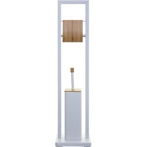 5Five Toiletrolhouder staand metaal met bamboe + WC borstel - Wit