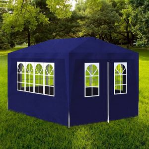 <p>Onze feesttent is de perfecte plek om je familie en vrienden te vermaken tijdens tuinfeesten en samenkomsten. Het tuinpaviljoen is gemaakt van uv- en waterbestendig polyethyleen materiaal, waardoor het geschikt is voor buitengebruik. Het roestbestendige stalen frame zorgt voor stabiliteit en duurzaamheid. </p>
<p>De feesttent heeft zijpanelen met decoratieve ramen en een deurpaneel met rits voor eenvoudige toegang. Het monteren van de tent is eenvoudig. </p>
<p>LET OP: dit product mag NOOIT worden gebruikt in slechte weersomstandigheden, zoals sterke wind, zware regen, sneeuw of storm. </p>
<ul>
  <li>Kleur: blauw</li>
  <li>Materiaal: PE dak en zijpanelen, en frame van staal</li>
  <li>Afmetingen: 4 x 3 x 2,55 m (L x B x H)</li>
  <li>Hoogte dakrand vanaf de grond: 2 m</li>
  <li>Uv- en waterbestendig</li>
  <li>Inclusief montagematerialen</li>
  <li>Materiaal: Polyethyleen: 100%</li>
</ul>