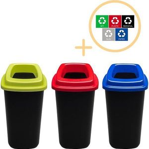 Plafor Sort Bin, Prullenbak voor afvalscheiding - 45L – Set van 3, Blauw/Groen/Rood - Inclusief 5-delige S - Recyclen