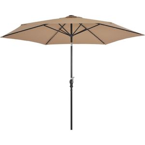 <p>Deze elegante parasol met LED-verlichting is de perfecte keuze om wat schaduw te creëren en jezelf te beschermen tegen schadelijke UV-straling. Het parasoldoek is gemaakt van UV-beschermend en anti-vervagend polyester, waardoor het optimale bescherming biedt tegen de zon en gemakkelijk schoon te maken is.</p>
<p>De parasol beschikt over 18 solar aangedreven LED's die automatisch je buitenruimte verlichten en een gezellige en romantische sfeer creëren bij zonsondergang. Het exclusieve ontwerp van de parasol stelt je in staat om de zon te blokkeren terwijl deze richting de horizon beweegt.</p>
<p>De sterke stalen paal en de 6 duurzame baleinen maken de parasol zeer stabiel en duurzaam. Dankzij het zwengelmechanisme kan de parasol eenvoudig geopend en gesloten worden. Het product is ook eenvoudig te monteren.</p>
<p>Let op, wij adviseren om het doek te behandelen met een waterdichtmakende spray als het wordt blootgesteld aan zware regenval.</p>
<ul>
  <li>Kleur doek: taupe</li>
  <li>Materiaal: stof en metalen paal</li>
  <li>Totale afmetingen: 300 x 225 cm (ø x H)</li>
  <li>Inclusief 18 LED-lampjes en 1 zonnepaneel</li>
  <li>Vermogen zonnepaneel: 0,7 W</li>
  <li>Met luchtventilatie en zwengelmechanisme</li>
  <li>Inclusief 6 stalen baleinen</li>
  <li>Materiaal: Polyester: 100%</li>
</ul>