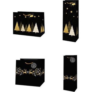 Luxe Cadeauzakje Kerst 4 stuks zwart goud - Inpakzakje kerstmis - set van 4 - Geschenktasje - Kerstb
