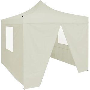 <p>Onze partytent is ideaal voor een breed scala aan buitenevenementen, zoals shows, markten, sportevenementen, bruiloften, feesten, barbecues, kampeertochten en festivals.</p>
<p>Het paviljoen heeft een uv- en waterbestendig dak dat gemaakt is van 600D Oxford stof met PVC-coating.</p>
<p>Het is daarom perfect voor buitengebruik.</p>
<p>De feesttent is ontworpen met 4 zijwanden met doorzichtige vensters voor volledige bescherming.</p>
<p>Het frame is vervaardigd van gepoedercoat roestvrij staal, waardoor de partytent stabiel en duurzaam is.</p>
<p>De pop-up partytent is inklapbaar voor eenvoudige opslag en transport.</p>
<p>Hij is gemakkelijk te monteren.</p>
<p>We adviseren om het dak te behandelen met een waterdichtmakende spray als de tent aan zware regen wordt blootgesteld.</p>
<p>Dit product mag NOOIT worden gebruikt in slechte weersomstandigheden, zoals sterke wind, zware regen, sneeuw of storm.</p>
<ul>
<li>Kleur: crème</li>
<li>Materiaal frame: gepoedercoat staal</li>
<li>Materiaal dak: 600D oxford stof met PVC-coating</li>
<li>Totale afmetingen: 2 x 2 x 3,15 m (L x B x H)</li>
<li>Hoogte dakrand vanaf de grond: 2,35 m</li>
<li>Uv- en waterbestendig</li>
<li>4 zijwanden met transparante vensters</li>
<li>Inclusief 8 haringen en 4 touwen</li>
<li>Inklapbaar ontwerp</li>
</ul>