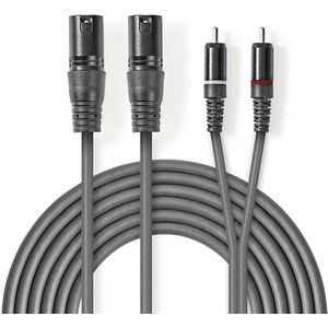 XLR-Audiokabel | 2x XLR 3-pins male - 2x RCA male | 3,0 m | Grijs Nedis