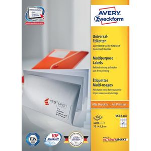 Avery Zweckform 3652, Universele etiketten, Ultragrip, wit, 200 vel, 21 per vel, 70 x 42,3 mm