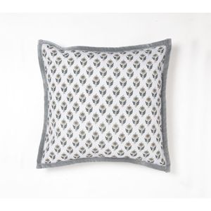 Floral Grey Cotton Cushion Cover with Piped Border, 18 x 18 inches