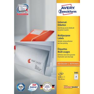 Avery Zweckform 3481, Universele etiketten, Ultragrip, wit, 100 vel, 21 per vel, 70 x 41 mm