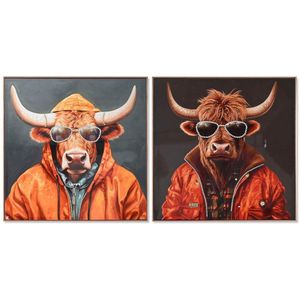 Esprit - Koe Schilderij - Grijs - Oranje - Canvas - Hout MDF - 2 Stuks