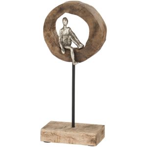 J-Line decoratie figuur denker ring - hout/aluminium - naturel/zilver