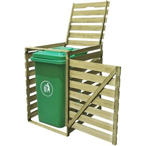 <p>Deze houten containerberging is ideaal om je container uit het zicht te houden in de tuin. De opslagschuur heeft een deksel, die kan worden geopend zodat je gemakkelijk afval in de container kunt gooien. Hij heeft een deur aan de voorzijde zodat de container er gemakkelijk uit kan worden gehaald en geleegd kan worden. Hij is uitgerust met een slot aan de voorkant om de deur veilig dicht te houden.</p>
<p>Deze containerberging is zeer stevig, duurzaam en rotbestendig, doordat hij gemaakt is van groen geïmpregneerd grenenhout. De opslagruimte is geschikt voor vuilnisbakken van 240 L (met een maximale hoogte van 115 cm) en past mooi in elke tuin.</p>
<p>Opmerking: Container wordt niet meegeleverd. Montage is erg makkelijk. Houd er rekening mee dat hout een natuurlijk product is en daarom oneffenheden kan bevatten.</p>
<ul>
  <li>Materiaal: grenenhout, groen geïmpregneerd</li>
  <li>Rotbestendig</li>
  <li>Afmetingen: 75,2 x 92 x 120 cm (B x D x H)</li>
  <li>Geschikt voor 1 x 240 L container, met een maximale afmeting van 60 x 75 x 115 cm (B x D x H)</li>
  <li>Met deur aan de voorkant om de containers makkelijk te verwijderen</li>
  <li>Met slot aan de voorkant om de deur veilig dicht te houden</li>
  <li>Deksel voor gemakkelijke toegang om afval weg te gooien</li>
  <li>Inclusief handleiding en schroeven</li>
  <li>Opmerking: Let op: container wordt niet meegeleverd</li>
</ul>