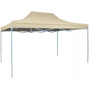 <p>Deze inklapbare tent is ideaal voor verschillende buitenactiviteiten, zoals optredens, bruiloften, feesten, BBQ's, festivals en meer. Je kunt hem ook gebruiken als groot zonnescherm voor je familie en vrienden in de achtertuin.</p>
<p>Deze pop-up partytent is gemaakt van zwaar, gepoedercoat staal, waardoor hij extreem duurzaam is. De dakbedekking is gemaakt van Oxford-stof met een PVC-coating en is 100% waterdicht en uv-bestendig.</p>
<p>De partytent is inklapbaar, waardoor hij gemakkelijk op te bergen en te vervoeren is. Montage is erg makkelijk en installatie accessoires zoals bevestigingstouwen en grondpinnen zijn inbegrepen.</p>
<p>LET OP: dit product mag NOOIT worden gebruikt in slechte weersomstandigheden, zoals sterke wind, zware regen, sneeuw of storm.</p>
<ul>
  <li>Kleur dak: crèmewit</li>
  <li>Materiaal dak: 600D Oxford stof met PVC-coating</li>
  <li>Materiaal frame: gepoedercoat staal</li>
  <li>Afmetingen: 431 x 291 x 315 cm (L x B x H)</li>
  <li>100% waterbestendig</li>
  <li>Uv-bestendig</li>
  <li>Inclusief 4 touwen en 8 grondpinnen</li>
  <li>Eenvoudig te monteren</li>
</ul>