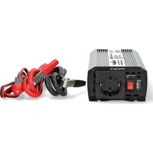 Nedis Omvormer Gemodificeerde Sinusgolf - 12V naar 230V - 600 W - Piekvermogen: 1200 W - Accuklemmen + Aansteker - Type F (CEE 7/3) / USB-A - Zilver