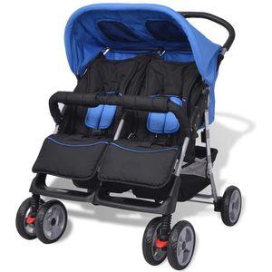 Tweelingkinderwagen staal blauw en zwart