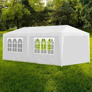 <p>Onze feesttent is perfect voor allerlei soorten tuinfeesten en samenkomsten. Het tuinpaviljoen is gemaakt van uv- en waterbestendig polyethyleen materiaal, waardoor het ideaal is voor buitengebruik. Het roestbestendige stalen frame zorgt voor stabiliteit en duurzaamheid. </p>
<p>De feesttent heeft zijpanelen met decoratieve ramen en een deurpaneel met rits voor eenvoudige toegang. Het monteren van de tent is eenvoudig. </p>
<p>LET OP: dit product mag NOOIT worden gebruikt in slechte weersomstandigheden, zoals sterke wind, zware regen, sneeuw of storm. </p>
<ul>
  <li>Kleur: wit</li>
  <li>Materiaal: PE dak en zijpanelen, en frame van staal</li>
  <li>Afmetingen: 6 x 3 x 2,55 m (L x B x H)</li>
  <li>Hoogte dakrand vanaf de grond: 2 m</li>
  <li>Uv- en waterbestendig</li>
  <li>Inclusief montagematerialen</li>
  <li>Materiaal: Polyethyleen: 100%</li>
</ul>