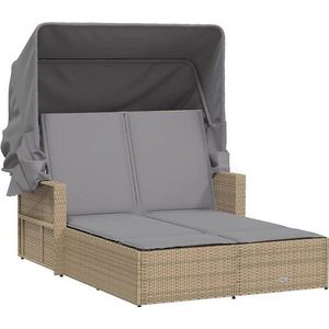 vidaXL - Ligbed - 2-persoons - luifel - en - kussens - poly - rattan - gemengd - beige