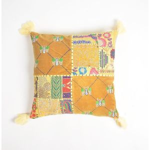 Floral Embroidered Patchwork Cotton Tasseled Cushion Cover