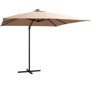 <p>Deze elegante, hangende parasol met LED-verlichting is de perfecte keuze om wat schaduw te creëren en jezelf te beschermen tegen de schadelijke uv-straling van de zon.</p>
<p>Het parasoldoek is gemaakt van uv-beschermend en anti-vervagend polyester, waardoor het je optimale bescherming tegen de zon biedt en gemakkelijk schoon te maken is.</p>
<p>Het beschikt over 24 solar aangedreven LED's die automatisch je buitenruimte verlichten en een gezellige en romantische sfeer creëren als de zon ondergaat.</p>
<p>De parasol wordt geleverd met een stevige kruisvoet die voor stabiliteit zorgt.</p>
<p>Het exclusieve ontwerp van deze parasol stelt je in staat om de parasol te kantelen en 360 graden te draaien.</p>
<p>De sterke stalen paal, samen met de 8 duurzame baleinen, maakt de parasol zeer stabiel en duurzaam.</p>
<p>Onze tuinparasol kan eenvoudig geopend en gesloten worden dankzij het zwengelmechanisme.</p>
<p>Het product is eenvoudig te monteren.</p>
<p>Let op, wij adviseren om het doek te behandelen met een waterdichtmakende spray als hij wordt blootgesteld aan zware regenval.</p>
<ul>
  <li>Kleur doek: taupe</li>
  <li>Materiaal: stof (100% polyester) en gepoedercoat staal</li>
  <li>Totale afmetingen: 250 x 250 x 247 cm (L x B x H)</li>
  <li>Afmetingen kruisvoet: 100 x 100 cm (L x B)</li>
  <li>Inclusief 24 LED-lampjes en 1 zonnepaneel</li>
  <li>Met luchtventilatie en zwengelsysteem</li>
  <li>Kantelbaar en 360 graden draaibaar</li>
  <li>Inclusief 8 stalen baleinen</li>
  <li>Montage vereist</li>
</ul>