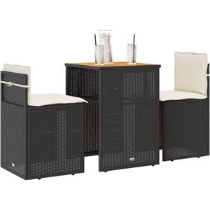 3-delige Bistroset met kussens poly rattan zwart