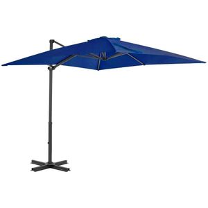 <p>Deze elegante hangende parasol is de perfecte keuze om wat schaduw te creëren en jezelf te beschermen tegen de schadelijke uv-straling van de zon. Het parasoldoek is gemaakt van uv-beschermend en anti-vervagend polyester, waardoor het je optimale bescherming tegen de zon biedt en gemakkelijk schoon te maken is.</p>
<p>De parasol beschikt over een stevige kruisvoet die bijdraagt aan de stabiliteit. Het exclusieve ontwerp van deze parasol stelt je in staat om de parasol te kantelen en 360 graden te draaien om zo de zon te kunnen blokkeren. De sterke aluminium paal, samen met de 8 duurzame baleinen, maakt de parasol zeer stabiel en duurzaam.</p>
<p>Deze tuinparasol kan eenvoudig geopend en gesloten worden dankzij het zwengelmechanisme. Let op, wij adviseren om het doek te behandelen met een waterdichtmakende spray als hij wordt blootgesteld aan zware regenval.</p>
<ul>
  <li>Kleur doek: azuurblauw</li>
  <li>Materiaal: stof met PA-coating en aluminium</li>
  <li>Totale afmetingen: 250 x 250 x 230 cm (L x B x H)</li>
  <li>Afmetingen kruisvoet: 64,5 x 64,5 cm (L x B)</li>
  <li>Met luchtventilatie en zwengelsysteem</li>
  <li>Kantelbaar en 360 graden draaibaar</li>
  <li>Inclusief 8 aluminium baleinen</li>
</ul>