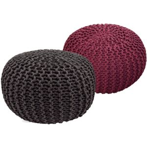 SVJ Poefs Rond - 55 x 55 x 37 cm - Katoen - Grijs/Rood - Set van 2