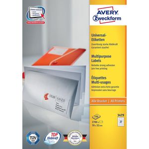 Avery Zweckform 3479, Universele etiketten, Ultragrip, wit, 100 vel, 27 per vel, 70 x 32 mm