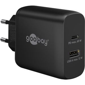 Goobay USB-C™ PD dual snellader (65 W) zwart - 1x USB-C™ poort (Power Delivery) en 1x USB-A poort -