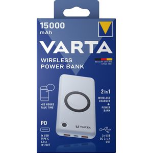 Varta batterij powerbank, 3.7V/15.000mAh, draadloos, 2xUSB-A/1xUSB-C, QC 3.0, Power Delivery, bliste