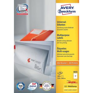 Avery Zweckform 3655, Universele etiketten, Ultragrip, wit, 100 vel, 2 per vel, 210 x 148 mm