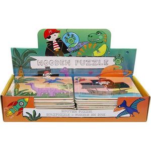 24 Stuks Houten Puzzel - Dinosauru - Piraa - Ruimte - Uitdeelcadeautje Traktatie Kinderverrassingen