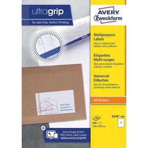 Avery Zweckform 3478-2, Universele etiketten, Ultragrip, wit, 200 vel, 1 per vel, ft 210 x 297 mm