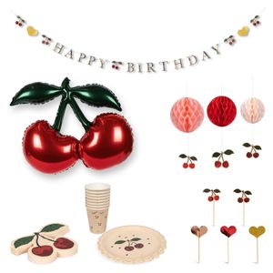 Konges Sløjd Happy Birthday kit - Bekers, ballon, slinger, servetten, taarttopper, pompon - Cherry