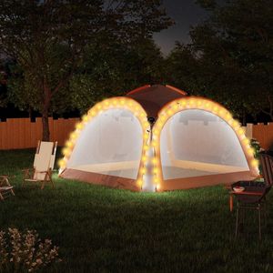 <p>Deze tent is geschikt voor feestjes in je eigen tuin, op de camping of als beschaduwing voor een zandbak of peuterbad. Daarnaast kan hij het hele jaar door gebruikt worden als dak voor de whirlpool. De partytent is gemaakt van 100% polyester met een PA-coating, waardoor hij uv-bestendig is. Het frame is gemaakt van robuust glasvezel en is roestbestendig en lichtgewicht.</p>
<p>De tent wordt geleverd met 4 "muggennet" zijwanden die bescherming bieden tegen insecten. Deze zijwanden kunnen eenvoudig bevestigd worden met behulp van de ritssluiting. Daarnaast is de tent voorzien van LED-verlichting met 96 LED's, die handmatig in- en uitgeschakeld kan worden. De geïntegreerde accu wordt gedurende de dag opgeladen door het zonnepaneel.</p>
<p>Let op: deze tent mag NOOIT gebruikt worden in slechte weersomstandigheden, zoals sterke wind, zware regen, sneeuw of storm. Hij is ontworpen voor onregelmatig en kortdurend gebruik (prestatieniveau 1). Hoewel hij bestand is tegen regen, dient deze tent voornamelijk bij mooi weer gebruikt te worden.</p>
<ul>
  <li>Kleur: grijs en oranje</li>
  <li>Materiaal: stof met PA-coating (100% polyester) en glasvezel</li>
  <li>Afmetingen: 3,6 x 3,6 x 2,3 m (L x B x H)</li>
  <li>Met LED-verlichting en 4 zijwanden</li>
  <li>Met 4 touwen en 12 haringen</li>
  <li>UV-bestendig</li>
  <li>Montage vereist</li>
</ul>