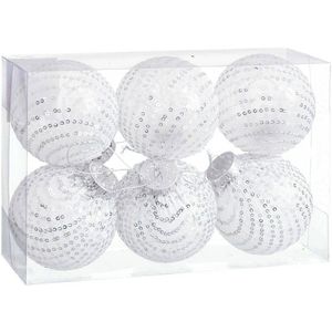 Kerstballen Wit Zilverkleurig Plastic Weefsel Pailletten 8 x 8 x 8 cm (6 Stuks)
