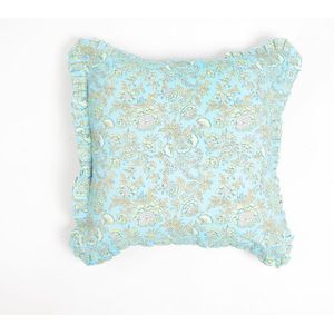 Floral Garden Blue Cotton Cushion Cover with Frilled Border, 18 x 18 inches