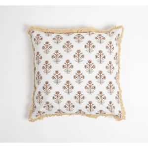 Block Printed Floral Cotton Fringed Cushion Cover, 18 x 18 inches