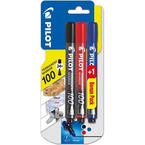 Pilot permanent marker 100, blister met 3 stuks (2 + 1 GRATIS) in geassorteerde kleuren