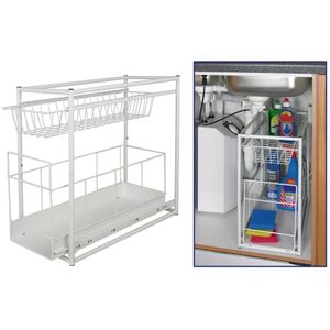 HI keuken/keukenkast organizer uitschuifbaar - wit - 45 x 23 x 45 cm - metaal