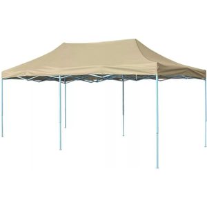 <p>Deze inklapbare tent is ideaal voor verschillende buitenactiviteiten, zoals optredens, bruiloften, feesten, BBQ's, festivals en meer. Je kunt hem ook gebruiken als groot zonnescherm voor je familie en vrienden in de achtertuin.</p>
<p>Deze pop-up partytent is gemaakt van zwaar, gepoedercoat staal, waardoor hij extreem duurzaam is. De dakbedekking is gemaakt van Oxford-stof met een PVC-coating en is 100% waterdicht en uv-bestendig.</p>
<p>De partytent is inklapbaar voor eenvoudig opbergen en vervoeren. Montage is erg makkelijk en installatie accessoires zoals bevestigingstouwen en grondpinnen zijn inbegrepen.</p>
<p>LET OP: dit product mag NOOIT worden gebruikt in slechte weersomstandigheden, zoals sterke wind, zware regen, sneeuw of storm.</p>
<ul>
  <li>Kleur dak: crèmewit</li>
  <li>Materiaal dak: 600D Oxford stof met PVC-coating</li>
  <li>Materiaal frame: gepoedercoat staal</li>
  <li>Afmetingen: 580 x 291 x 315 cm (L x B x H)</li>
  <li>100% waterbestendig</li>
  <li>Uv-bestendig</li>
  <li>6 touwen en 12 grondpennen meegeleverd</li>
</ul>