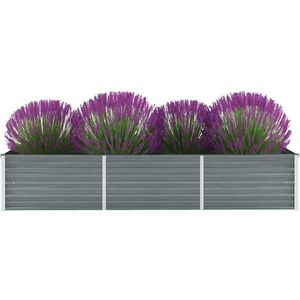 <p>Deze verhoogde metalen plantenbak is perfect voor tuinliefhebbers die hun buitenruimte willen inrichten of decoreren. Met zijn diepe en brede ontwerp kan de plantenbak een grote hoeveelheid grond vasthouden, waardoor er voldoende ruimte is voor planten, groenten, kruiden en bloemen.</p>
<p>Gemaakt van robuust gegalvaniseerd staal, is deze plantenbak weerbestendig en dus ideaal voor buitengebruik. Het materiaal zorgt ervoor dat de bak lang meegaat en bestand is tegen verschillende weersomstandigheden.</p>
<p>Deze plantenbak vereist wel enige montage, maar met de bijgeleverde instructies is dit eenvoudig te doen. Zo kun je snel genieten van je nieuwe tuinaccessoire.</p>
<ul>
  <li>Kleur: grijs</li>
  <li>Materiaal: gegalvaniseerd staal</li>
  <li>Afmetingen: 240 x 80 x 45 cm (L x B x H)</li>
  <li>Open bodem</li>
</ul>
<p>Met deze verhoogde metalen plantenbak voeg je stijl en functionaliteit toe aan je tuin, balkon of terras. Creëer een prachtige groene oase en geniet van de schoonheid van de natuur.</p>